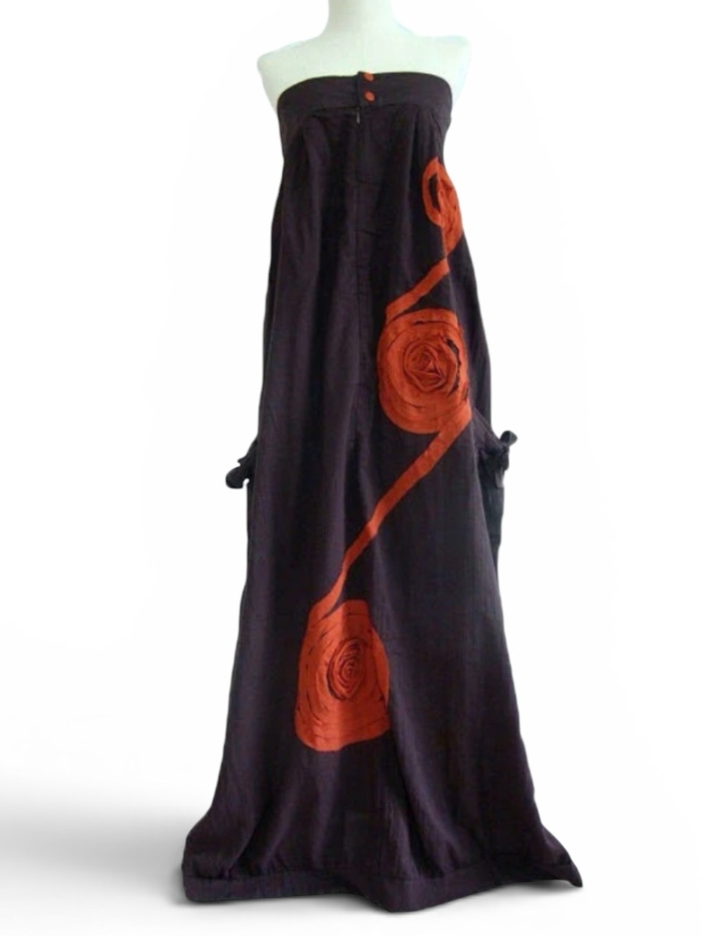 Strapless Chocolate Brown Maxi Dress with Rust Rose Appliqué - Picture 13 of 13